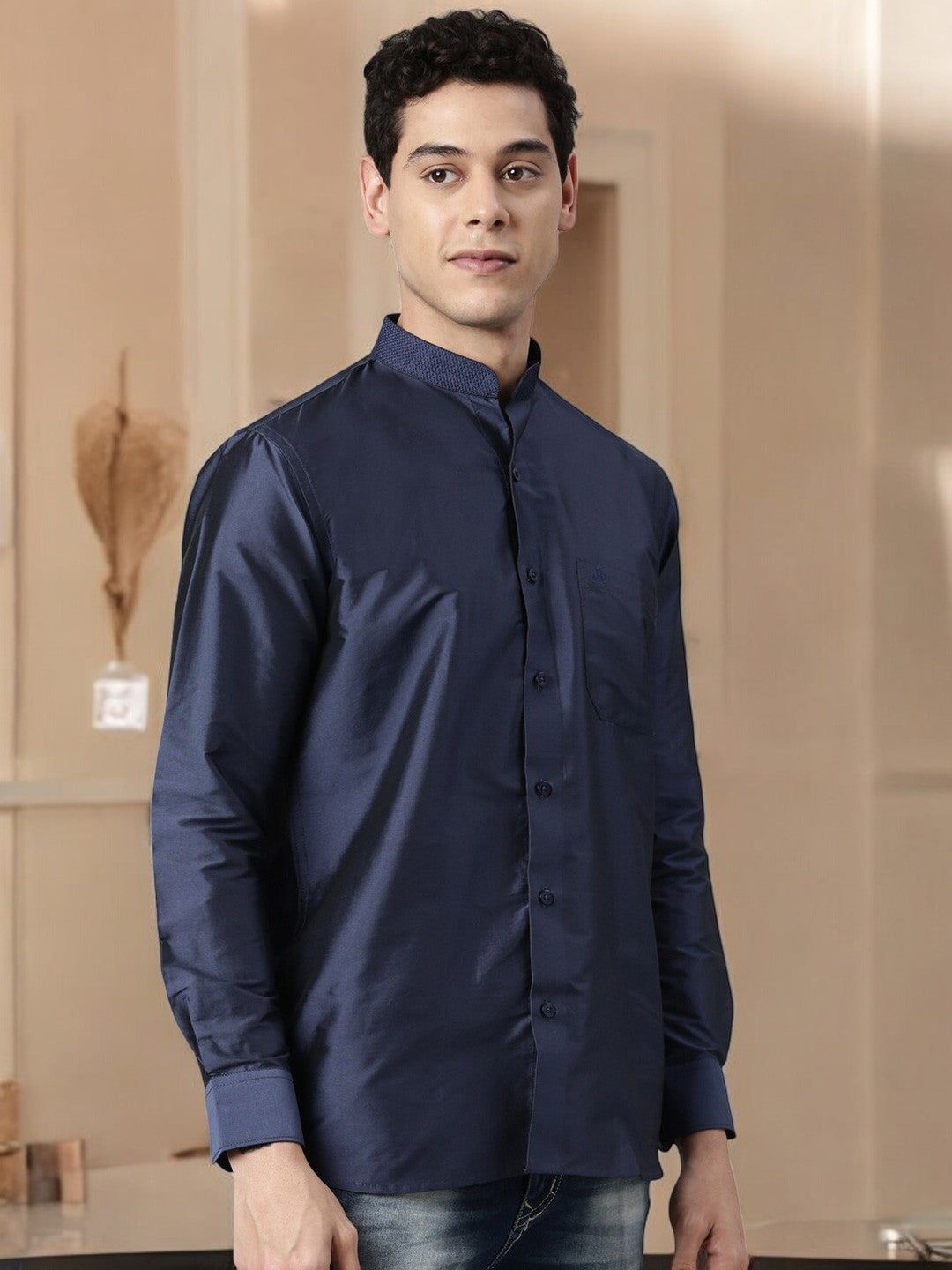 Navy Blue Color Art Silk Slim Fit Solid Party Shirt