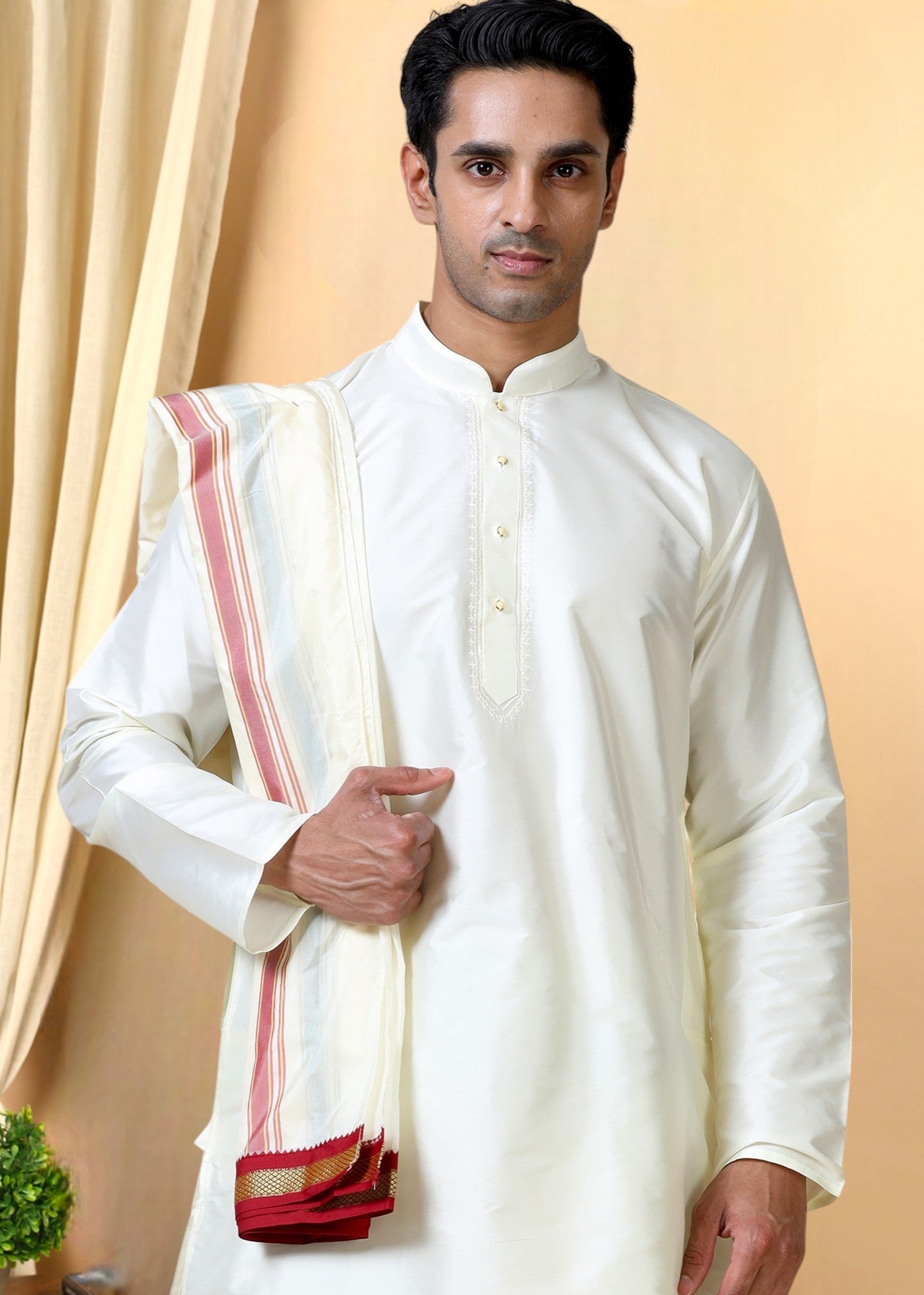 Tattva Men Regular Long Sleeves Mandarin Collar Kurta with Dhoti Pants &  Dupatta