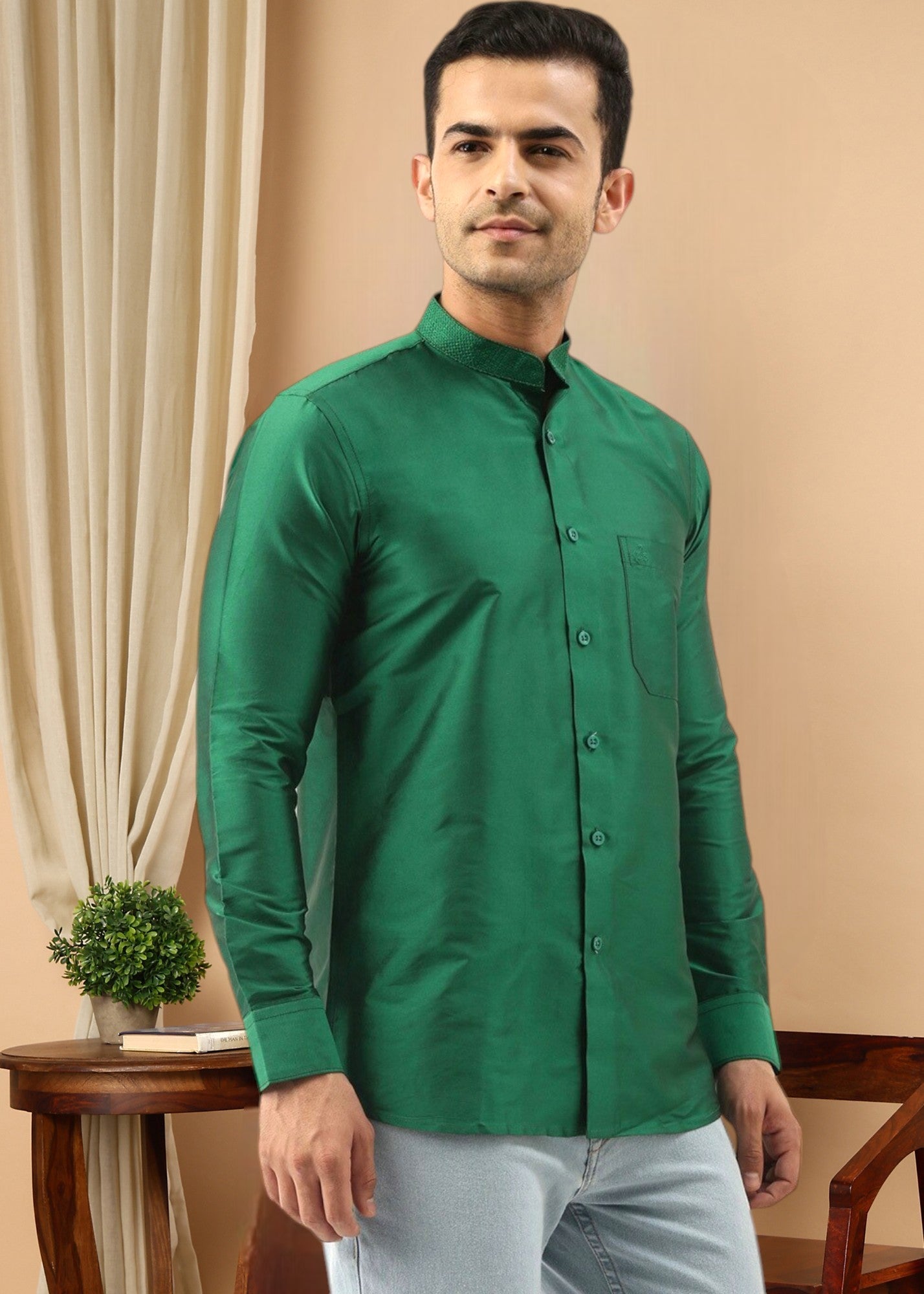 Green Color Slim Fit Solid Party Shirt