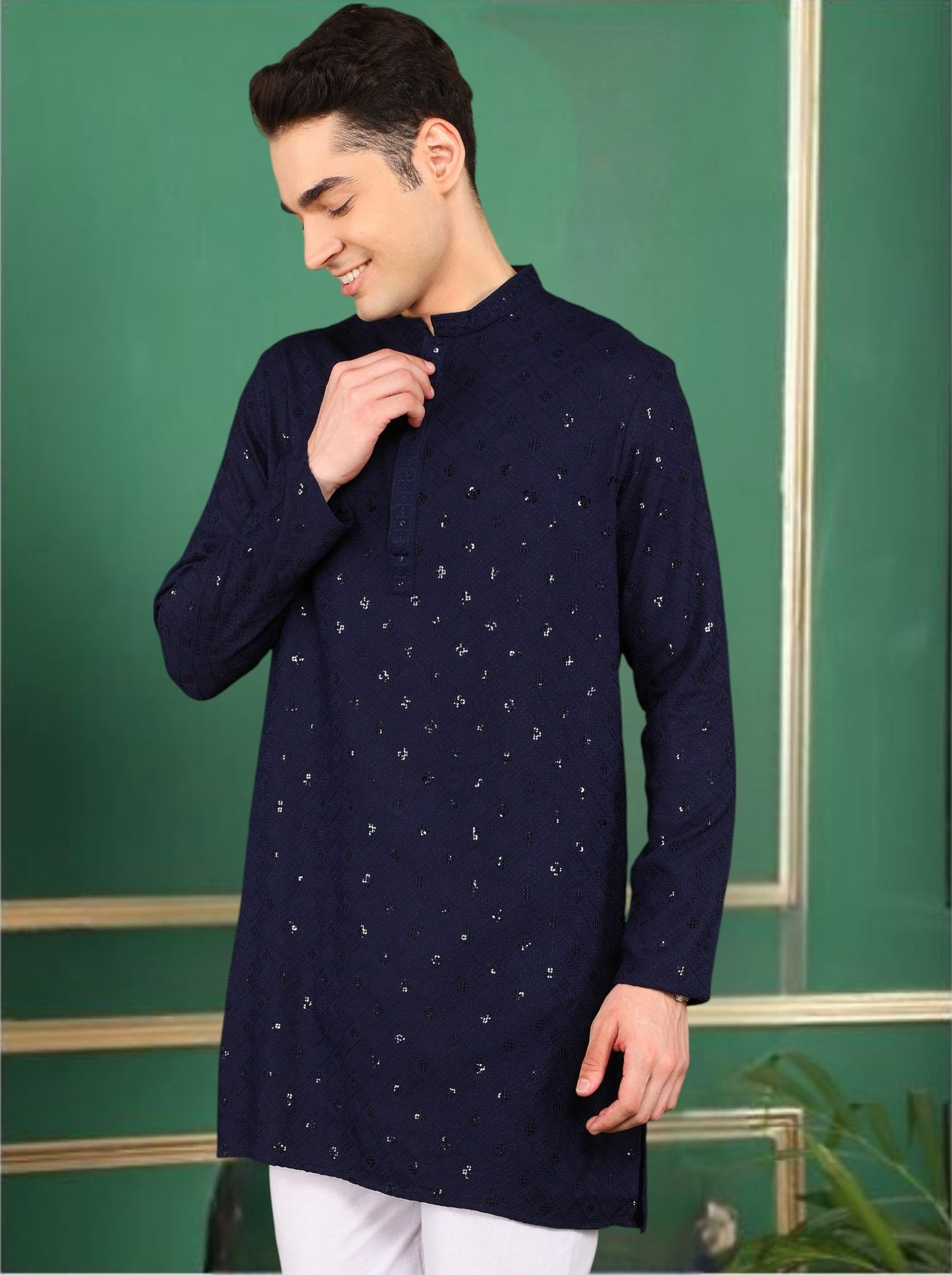 Tattva Men Navy Blue Short Kurta