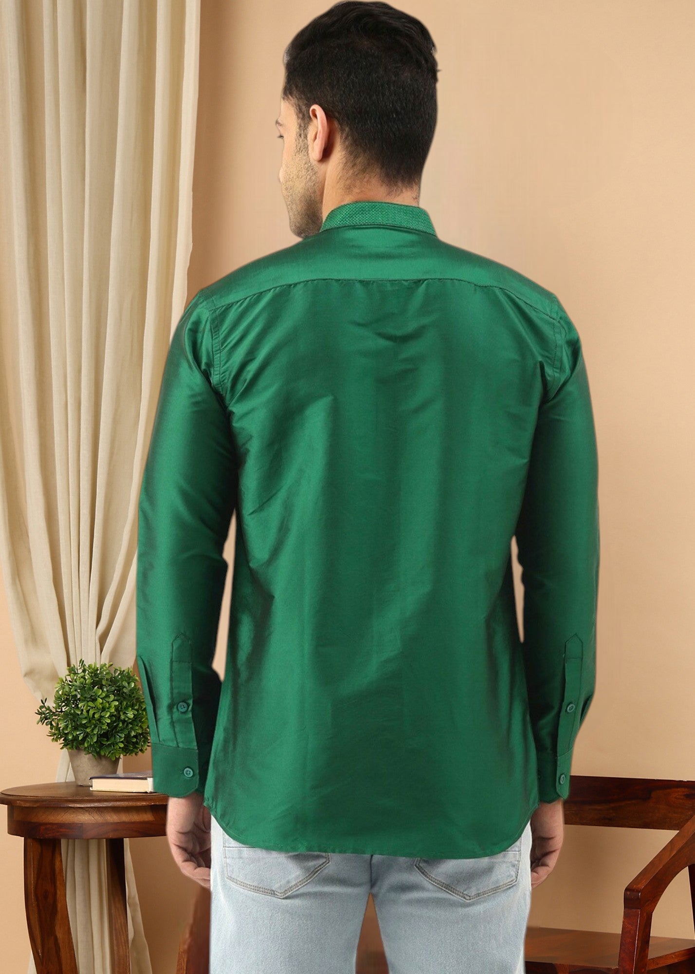 Green Color Slim Fit Solid Party Shirt