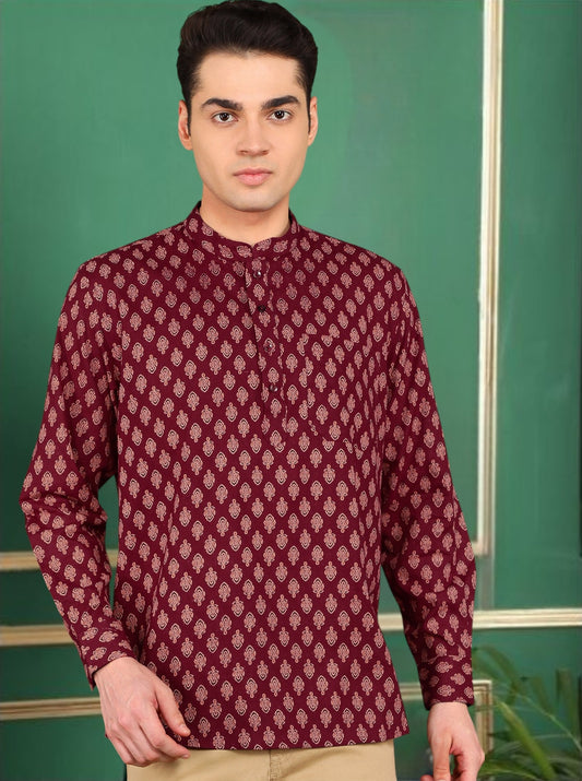 Tattva Men Maroon Short Kurta