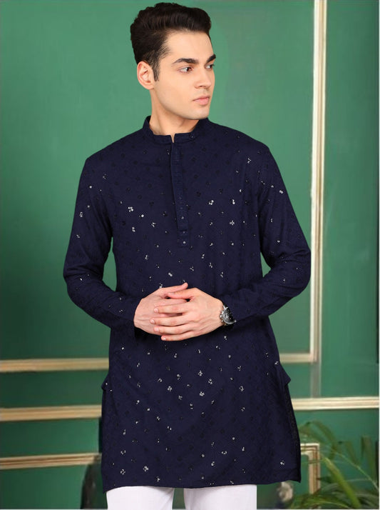 Tattva Men Navy Blue Short Kurta