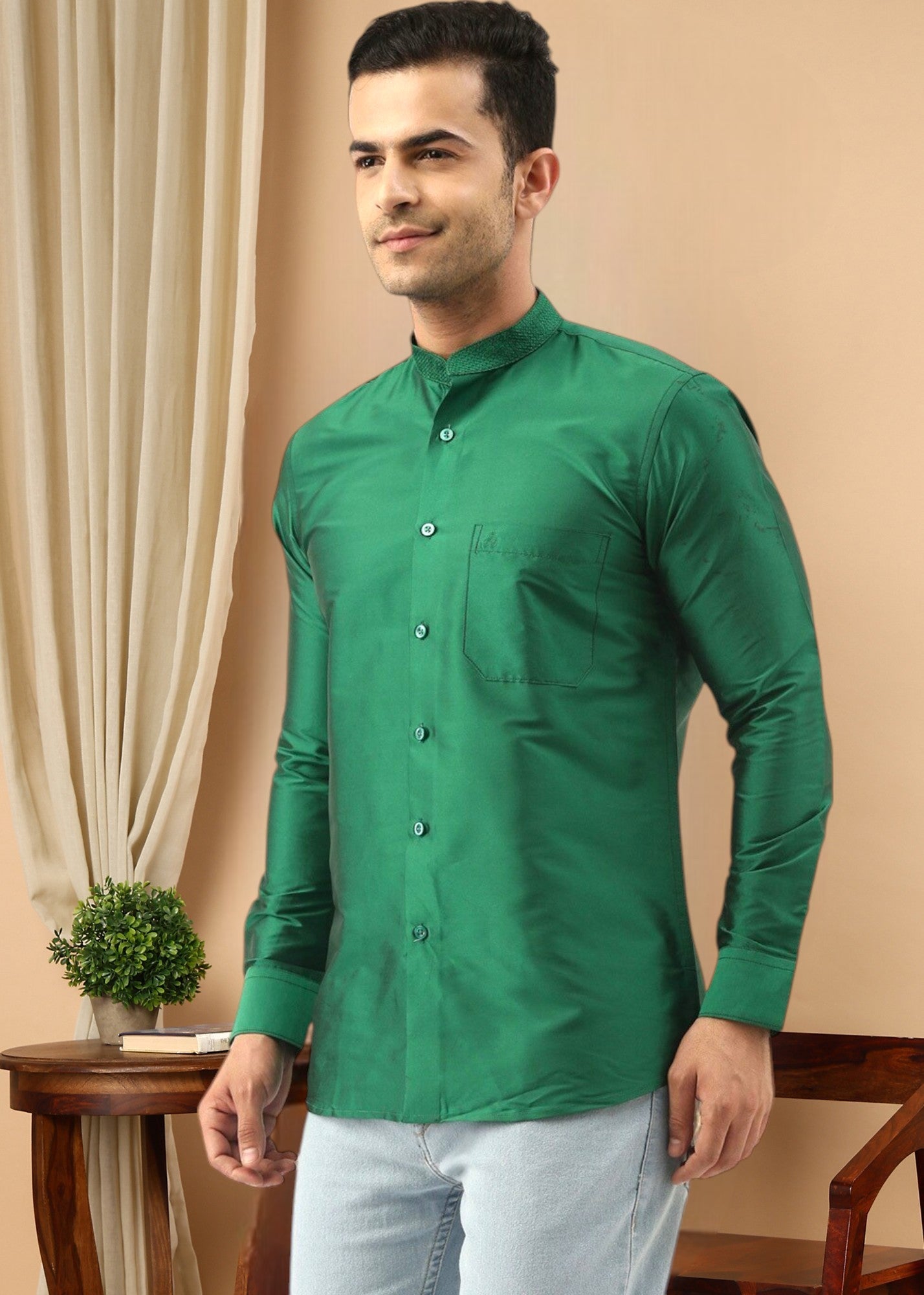 Green Color Slim Fit Solid Party Shirt