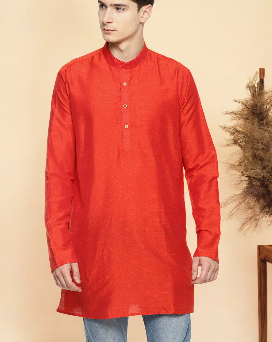 Red Cotton Solid Straight Short Kurta