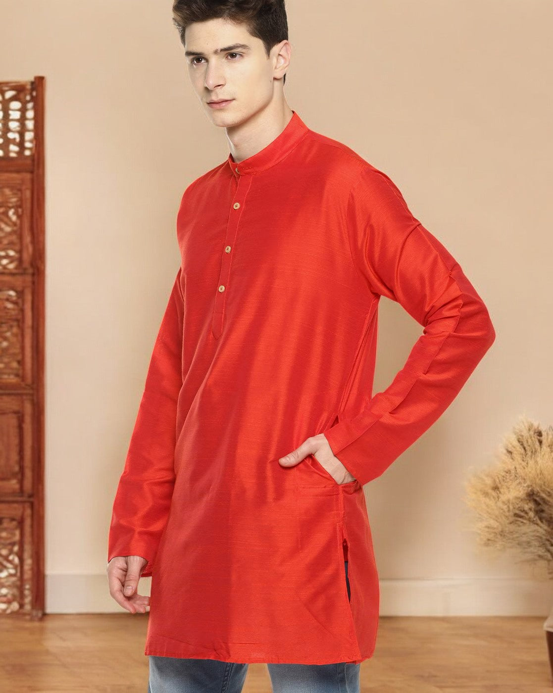 Red Cotton Solid Straight Short Kurta