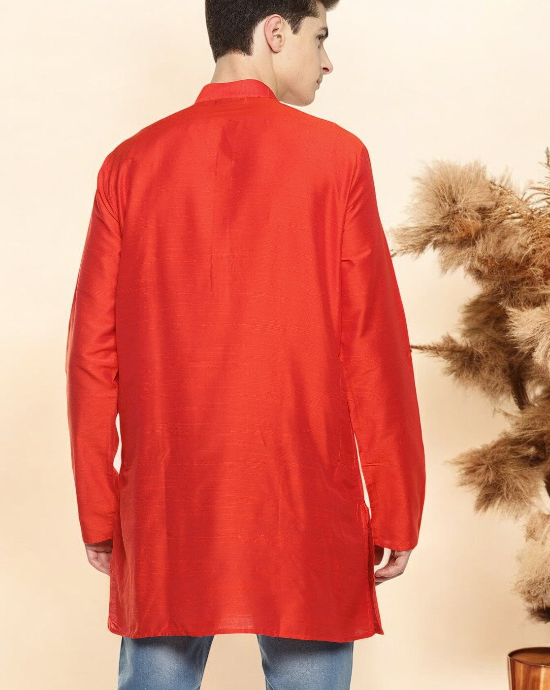 Red Cotton Solid Straight Short Kurta