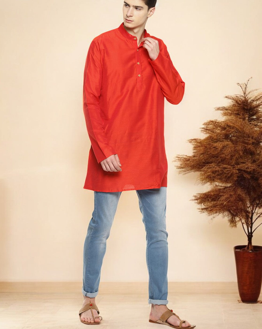 Red Cotton Solid Straight Short Kurta