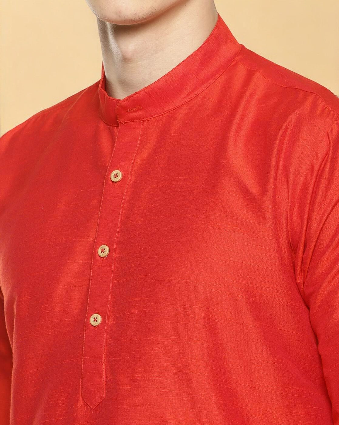 Red Cotton Solid Straight Short Kurta