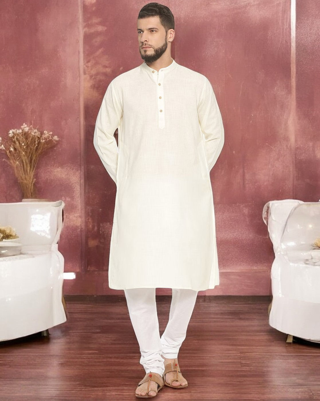 Cream Colored Kurta With Pyjamas