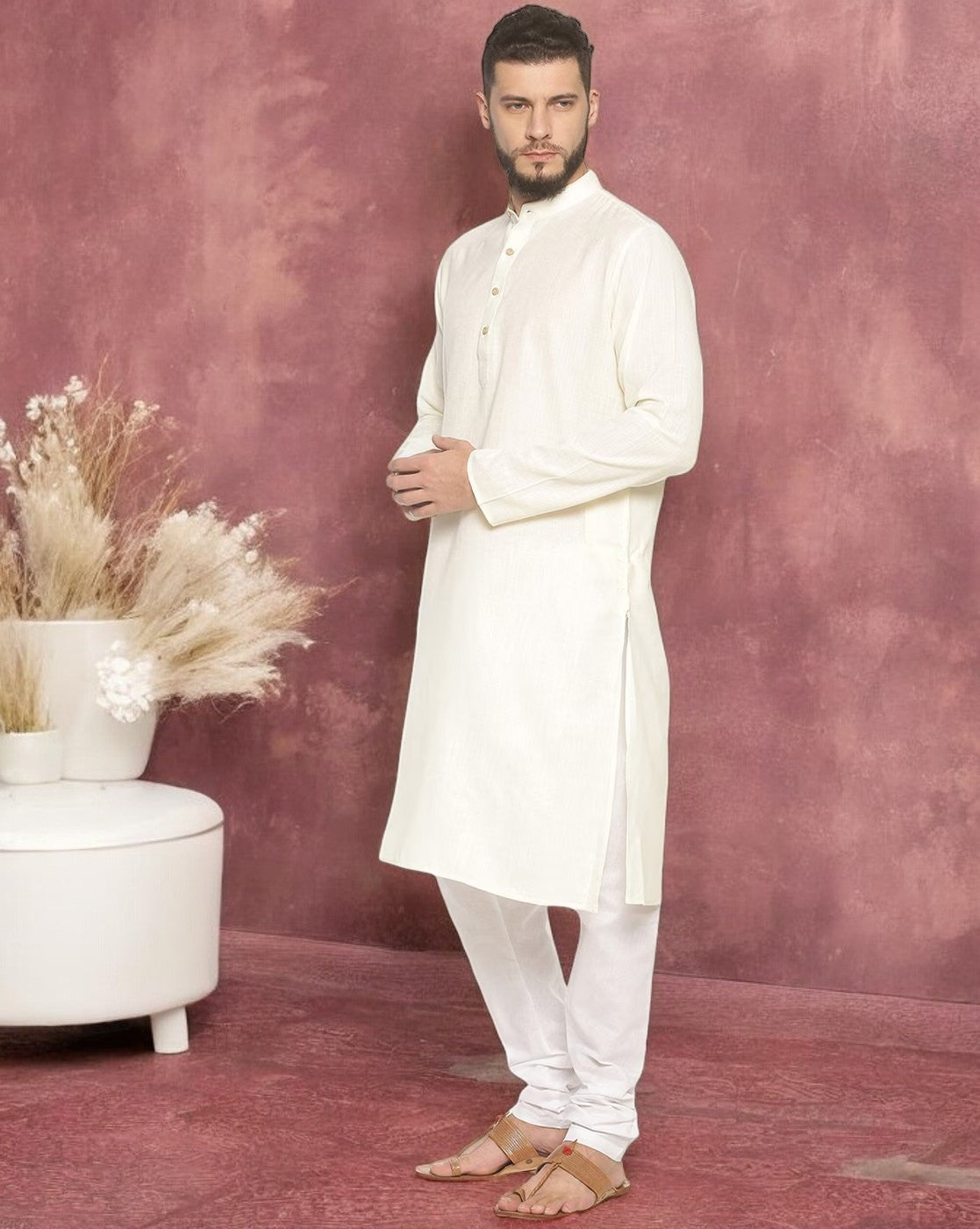 Cream Colored Kurta With Pyjamas