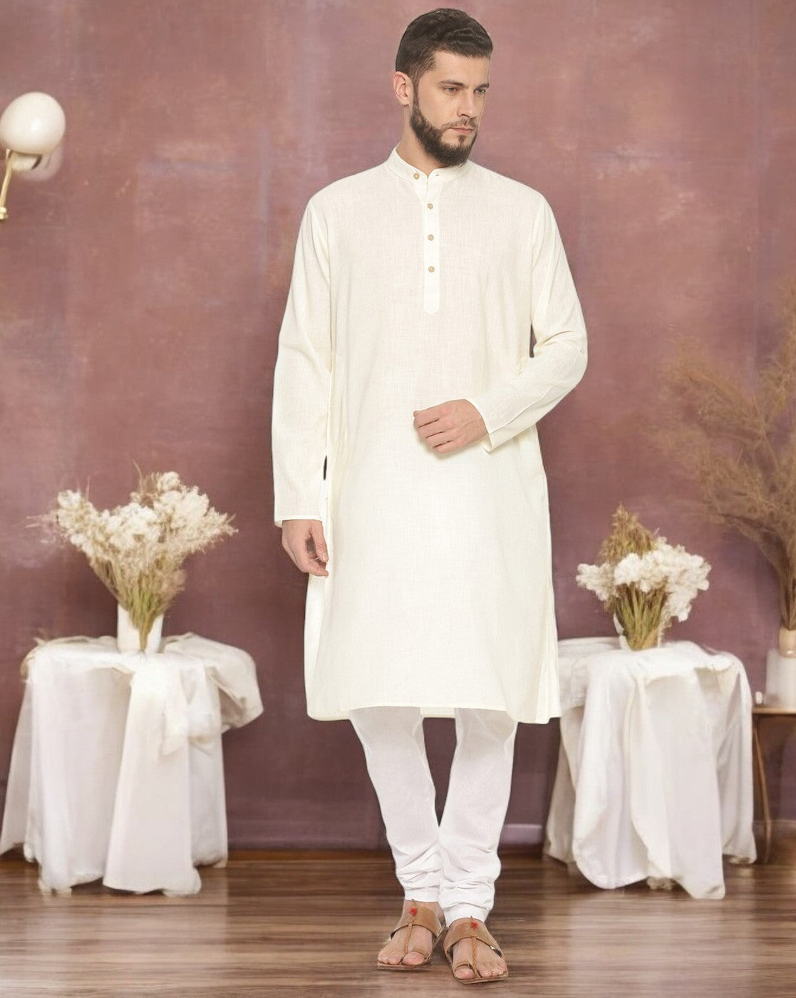 Cream Colored Kurta With Pyjamas