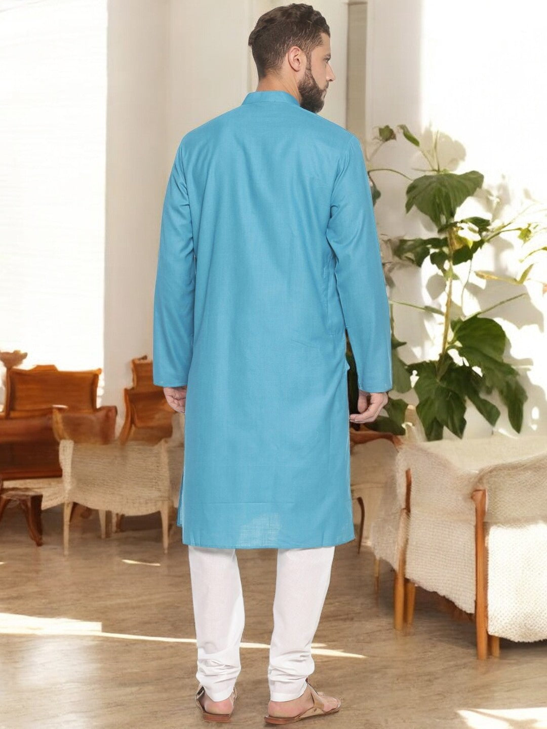 Sky Blue Cotton Kurta With Pyjamas