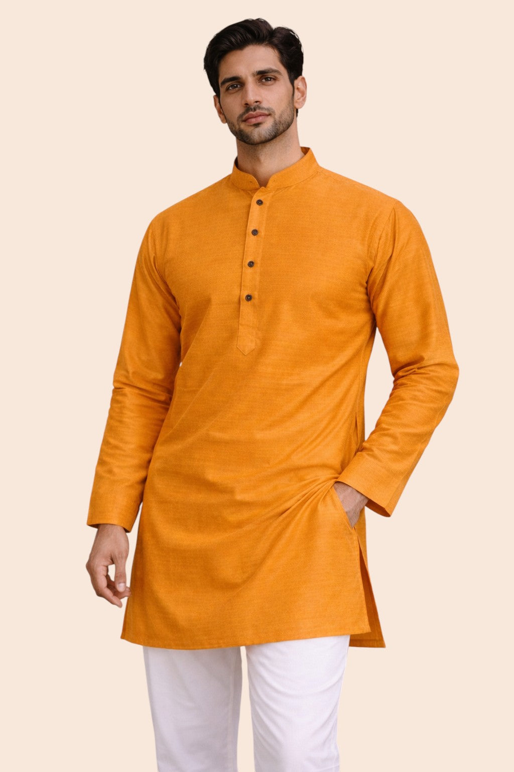 Tattva Men Saffron-Toned Applique Mandarin Collar Kurta