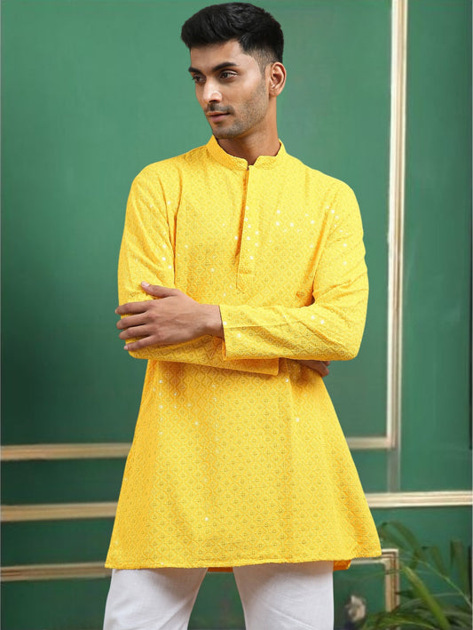 Tattva Yellow Toned chikankari Cotton Short Kurta