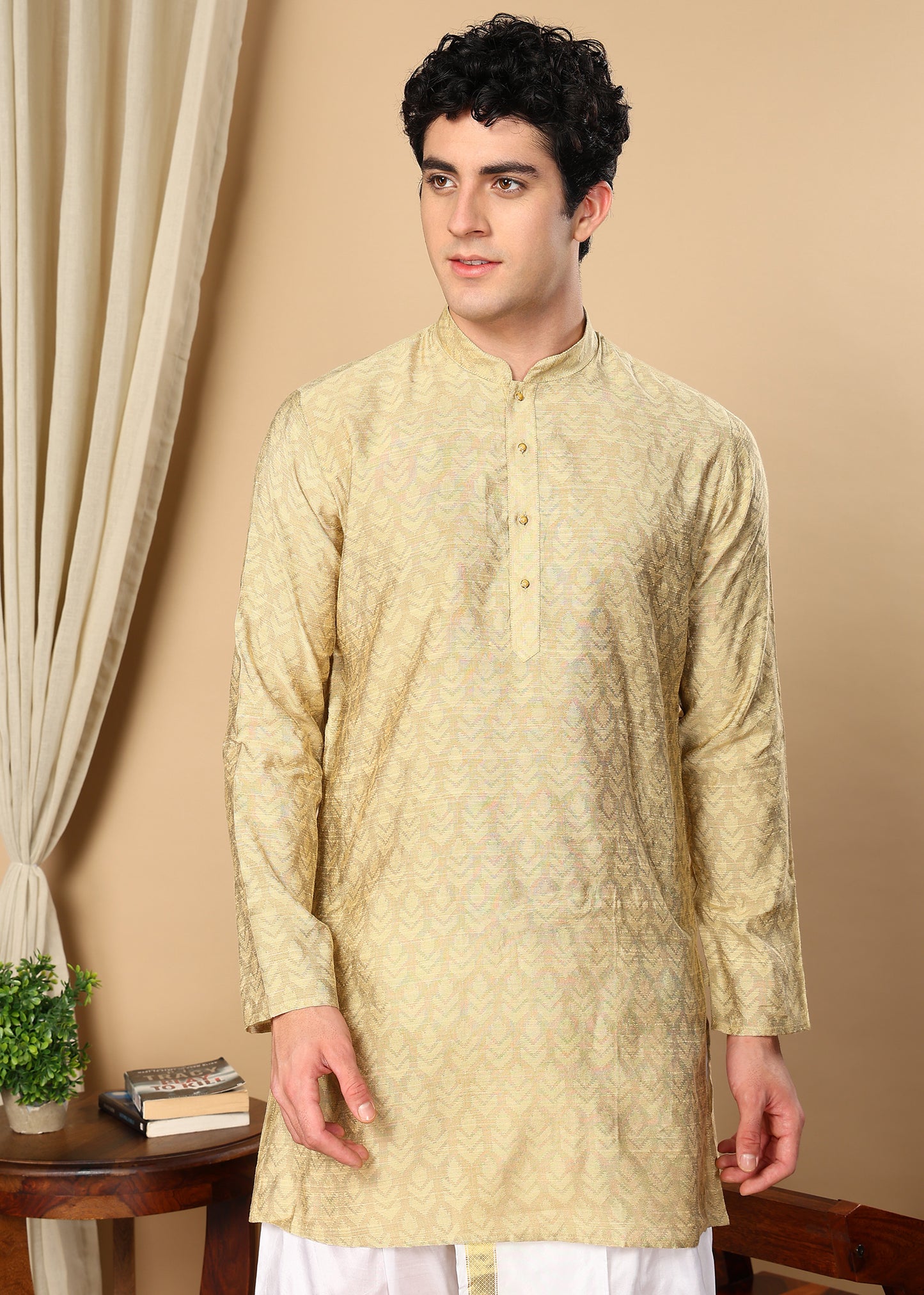 Tattva Beige Self Design Short Kurta