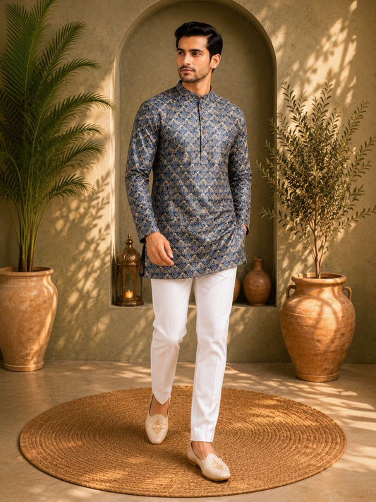 Tattva Men Mandarin Collar Abstract Printed Straight Kurta