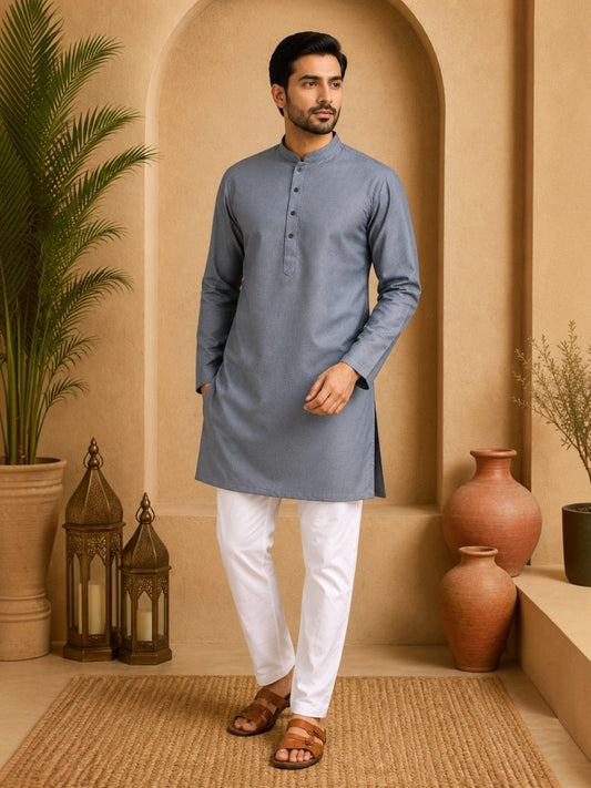 Tattva Men Silver-Toned Applique Mandarin Collar Kurta