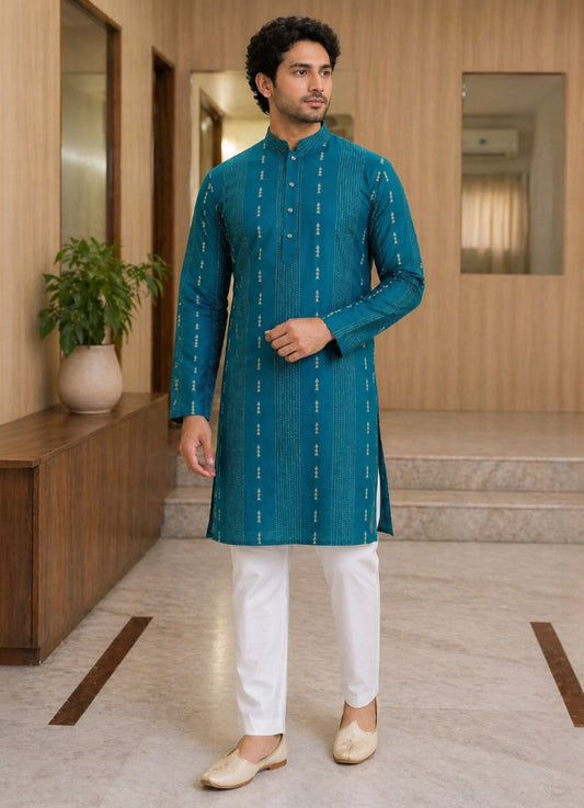 Tattva Men Teal Green Embroidered Cotton Silk Kurta with Pyjamas