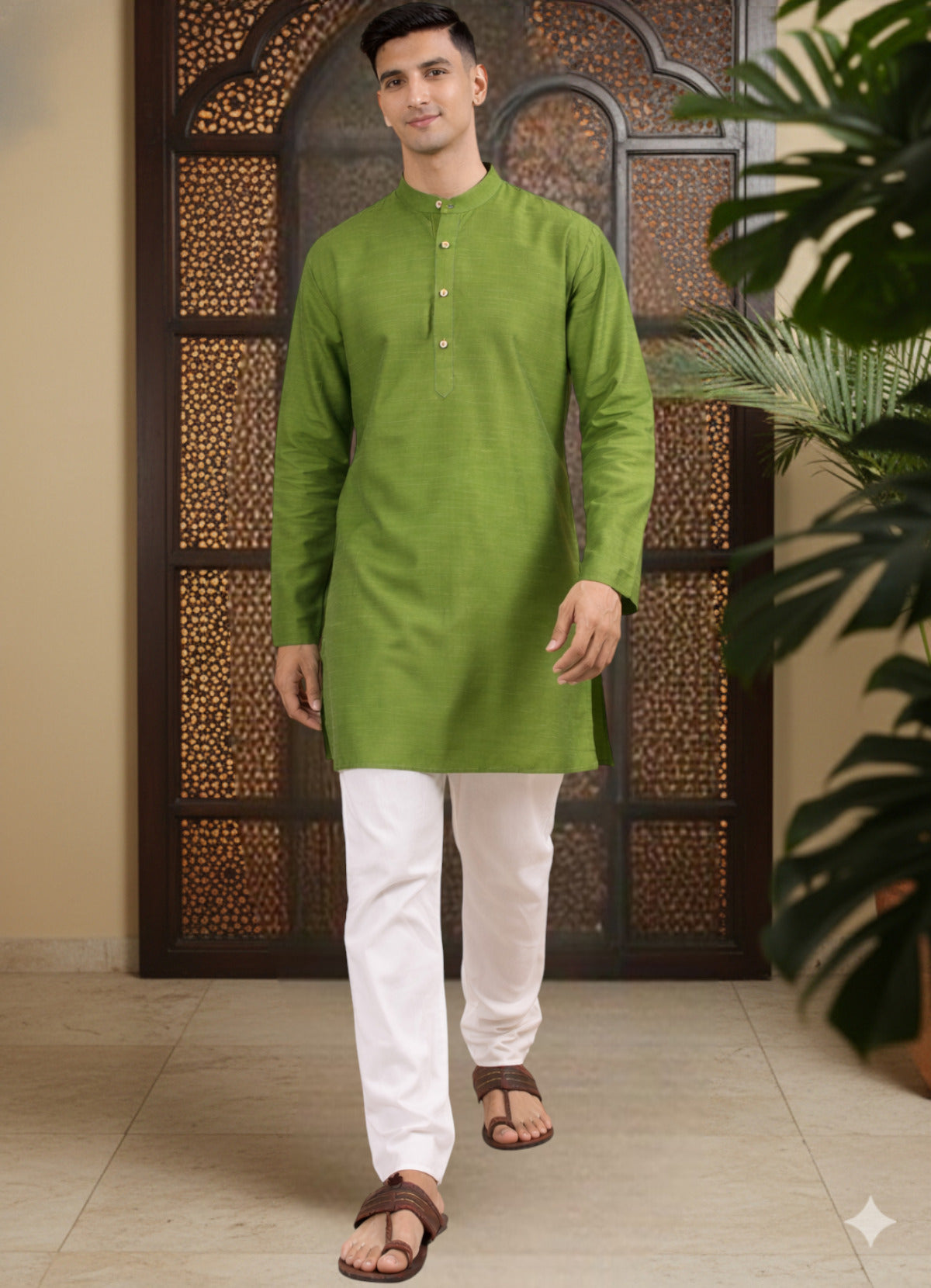 Tattva Men Solid Pure Cotton Short Kurta with Mandarin Collar