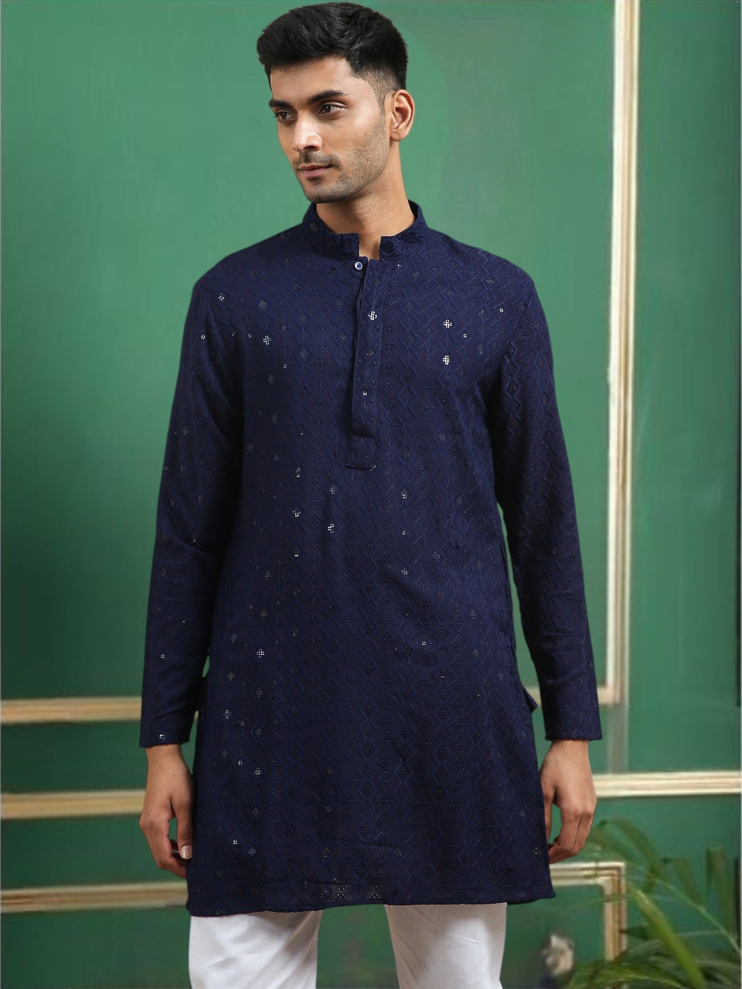Tattva Navy Blue Toned chikankari Cotton Short Kurta