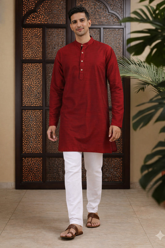 Tattva Men Solid Pure Cotton Short Kurta with Mandarin Collar