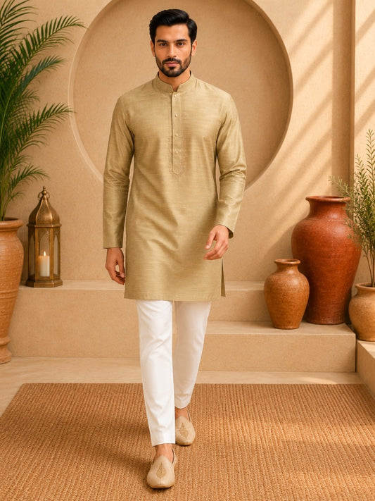 Tattva Men Khaki Colored Embroidered Short Kurta
