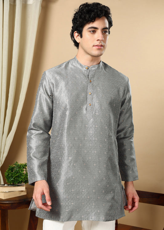 Tattva Grey Toned Woven Design Short Kurta