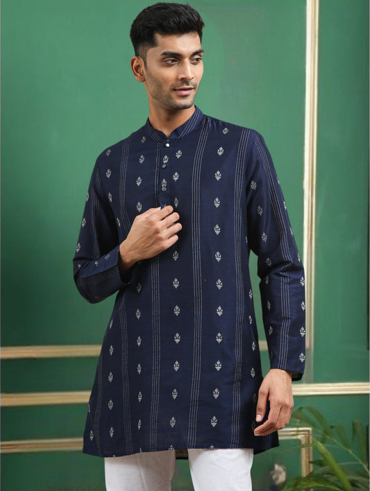 Tattva Navy Blue Toned Woven Design Cotton Short Kurta