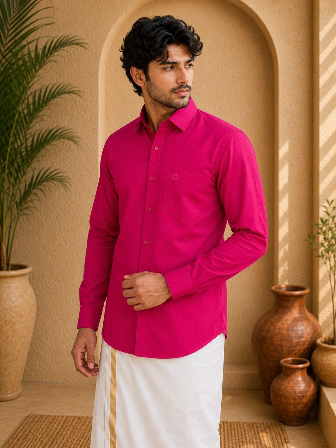 Pink Polyester Slim Fit Solid Party Shirt
