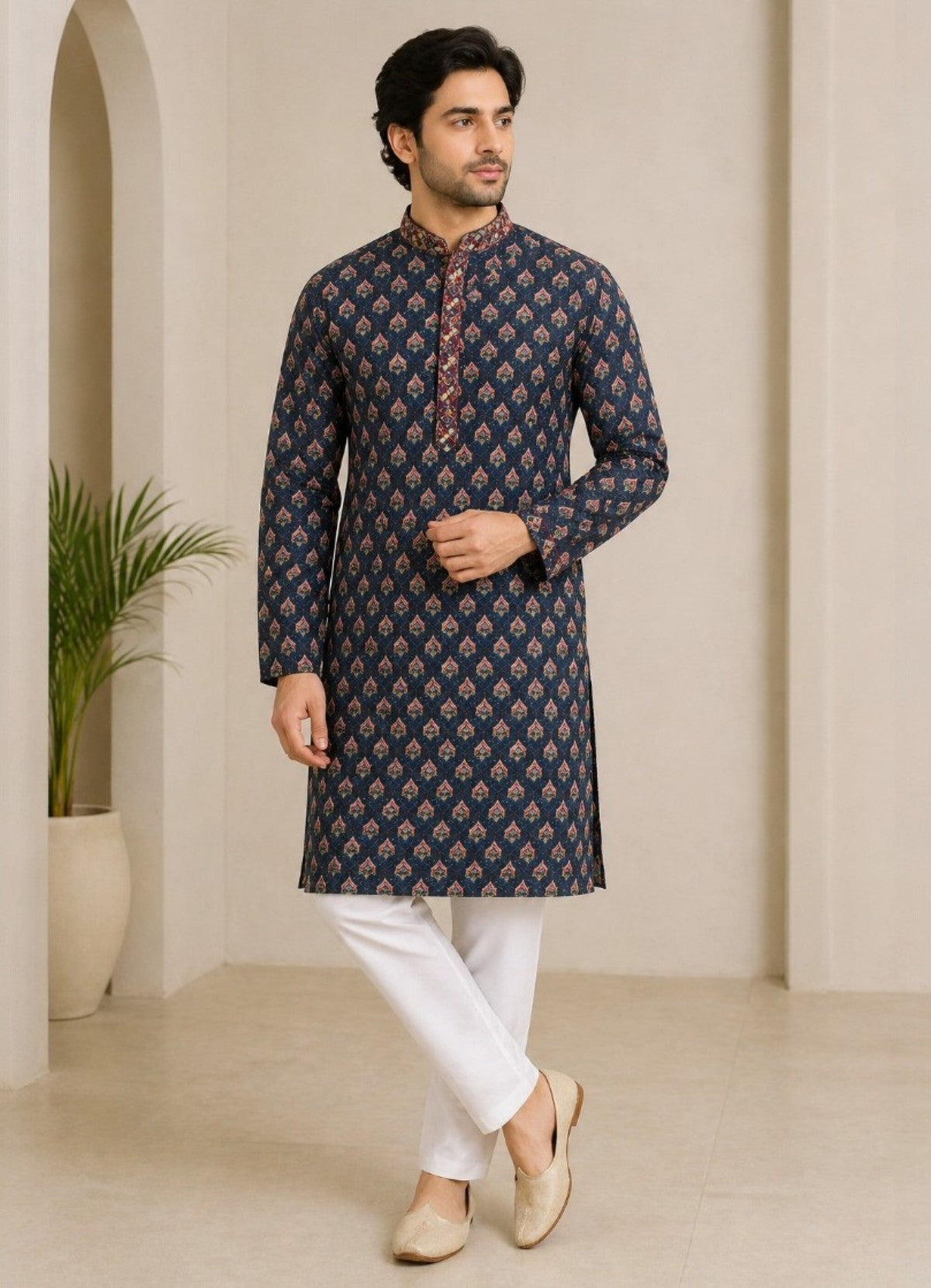 Tattva Men Navy Blue Geometric Design Sequined Jacquard Kurta with Pyjamas