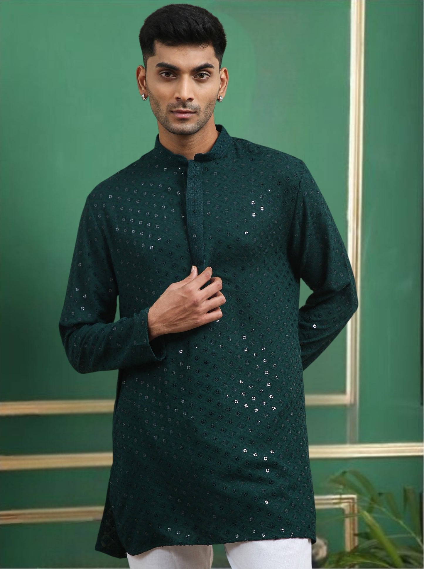 Tattva Dark Green Toned chikankari Cotton Short Kurta