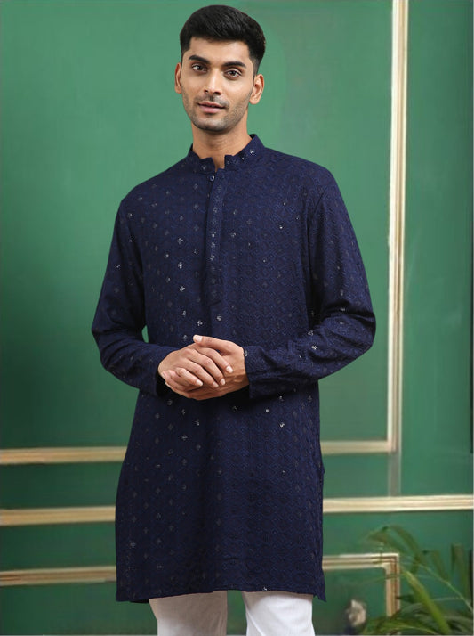 Tattva Navy Blue Toned chikankari Cotton Short Kurta