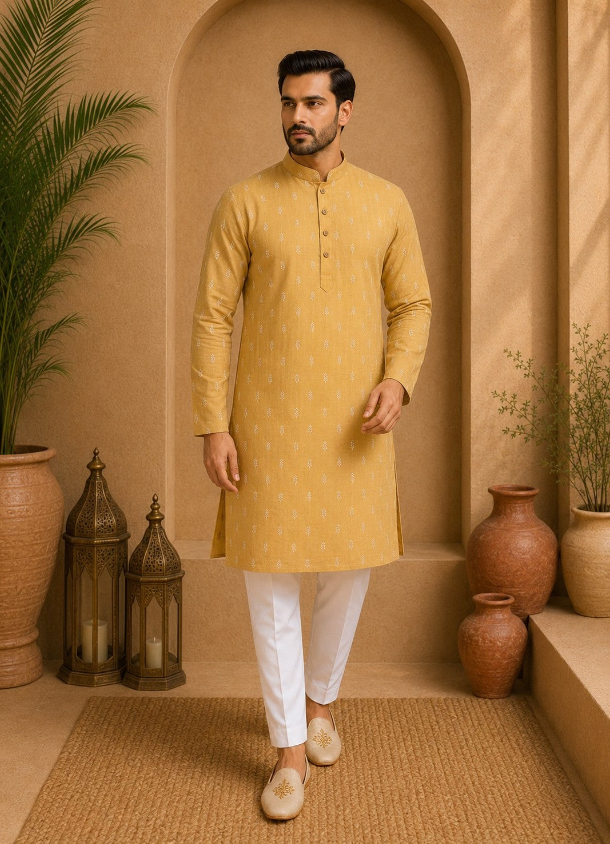 Tattva Men Mustard Yellow Self Design Mandarin Collar Straight Kurta with Pyjamas