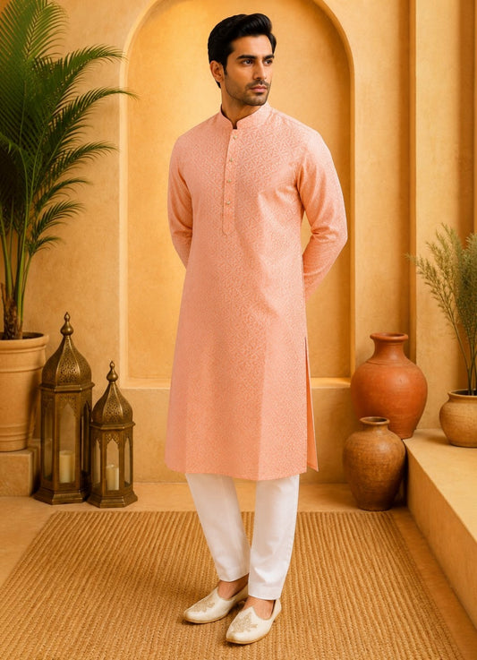 Tattva Men Peach Floral Woven Design Kurta Pyjama