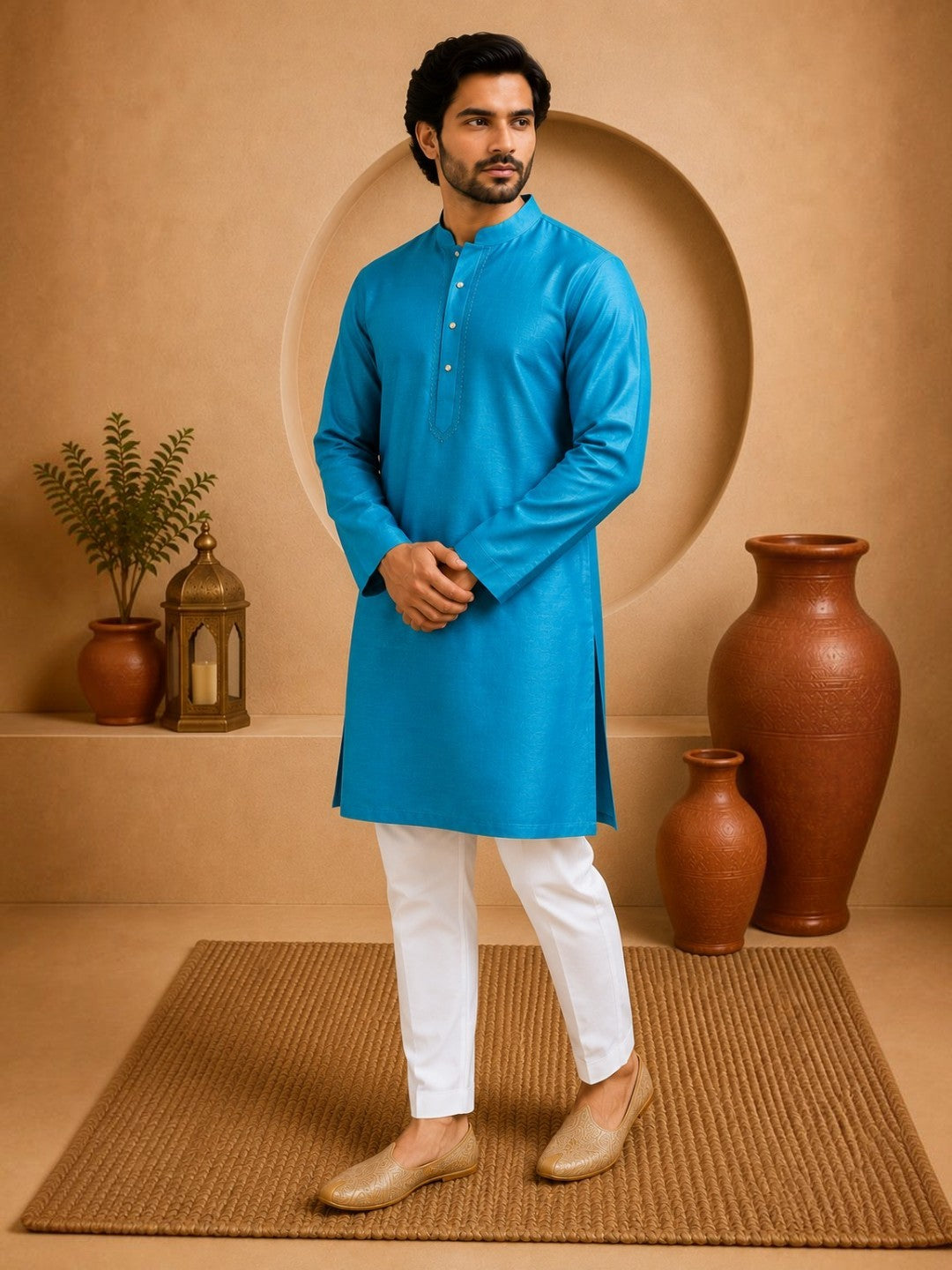 Tattva Solid Embroidered Mandarin Collar Short Kurta