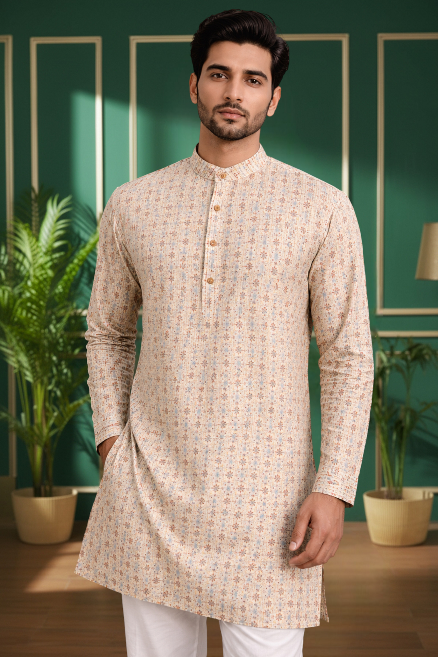 Tattva Men Striped Mandarin Collar Cotton Straight Short Kurta