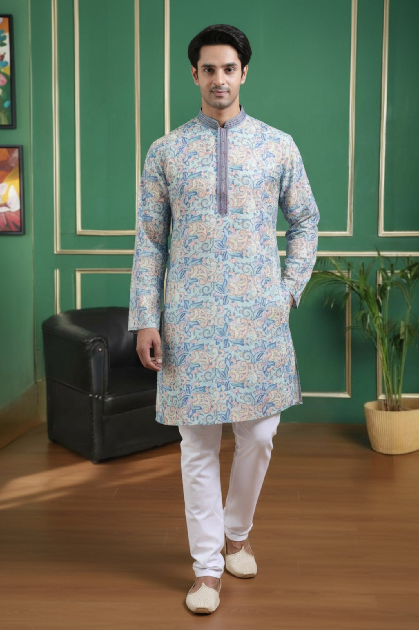 Tattva Men Applique Threadwork Short Kurta