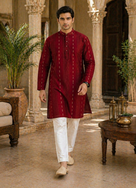 Tattva Men Maroon Embroidered Cotton Silk Kurta with Pyjamas