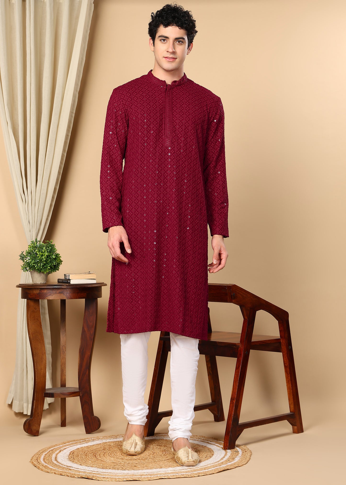 Tattva Floral Embroidered Sequined Mandarin Collar Straight Kurta