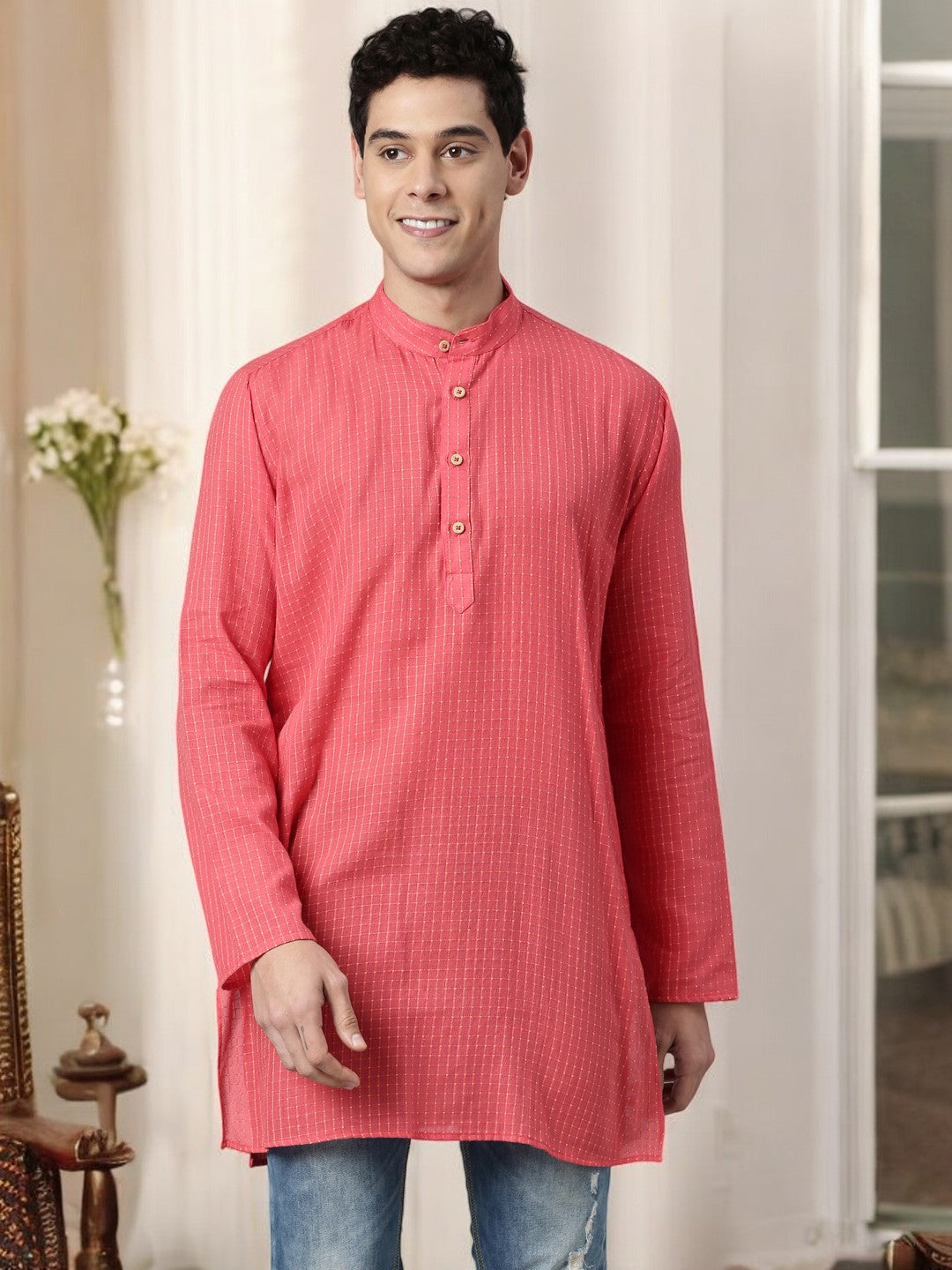 Tattva  Men Chikan Embroidery Cotton Blend Straight Kurta