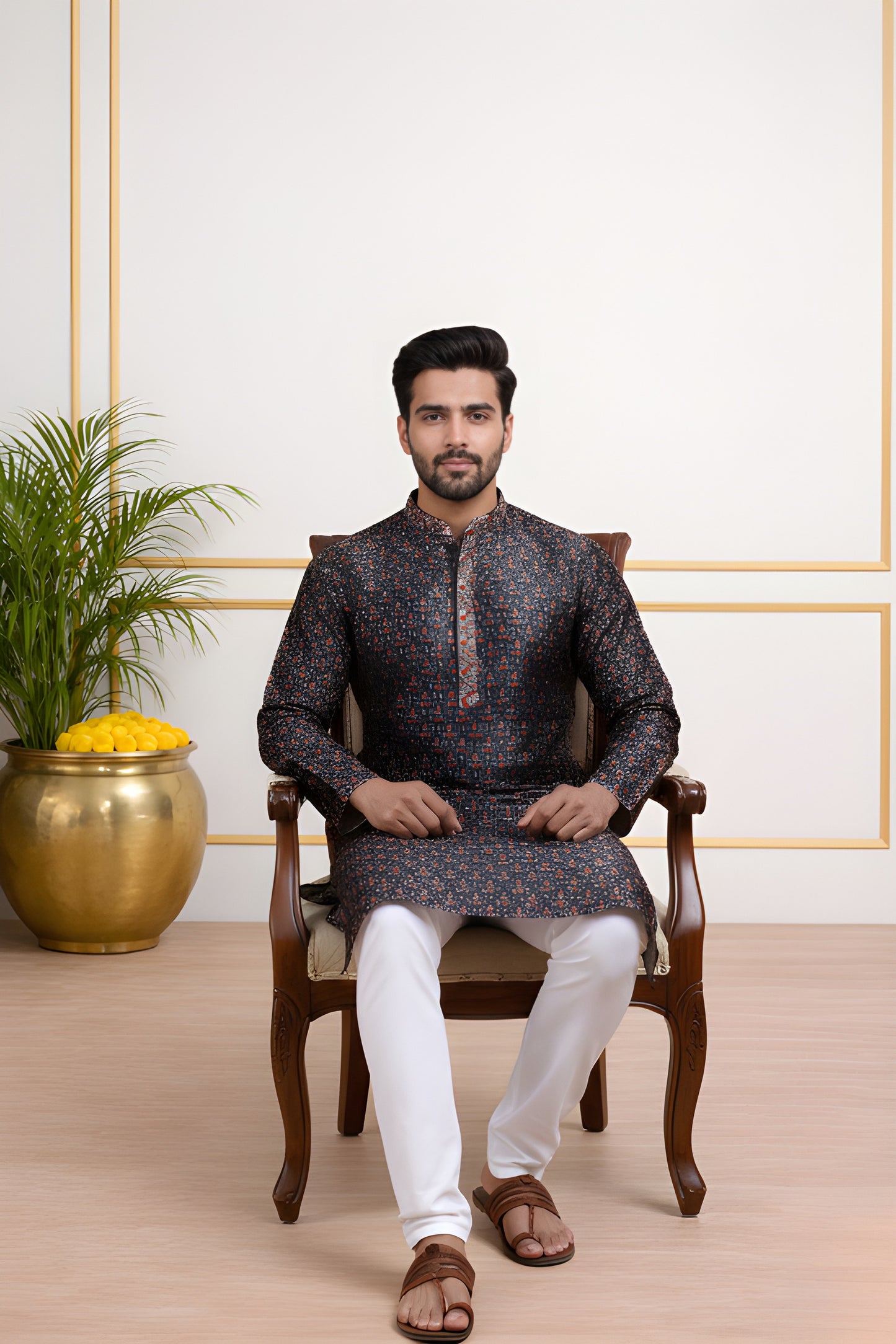 Tattva Men Black Printed Kurta Set with Embroidered Placket & Mandarin Collar