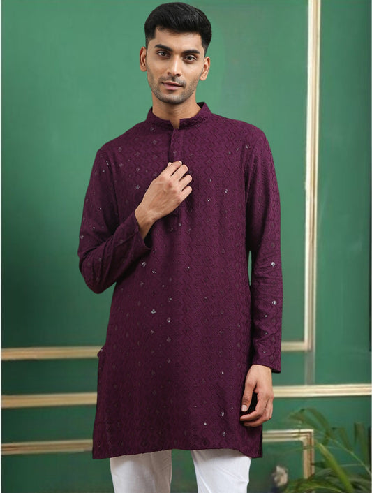 Tattva Purple Toned chikankari Cotton Short Kurta
