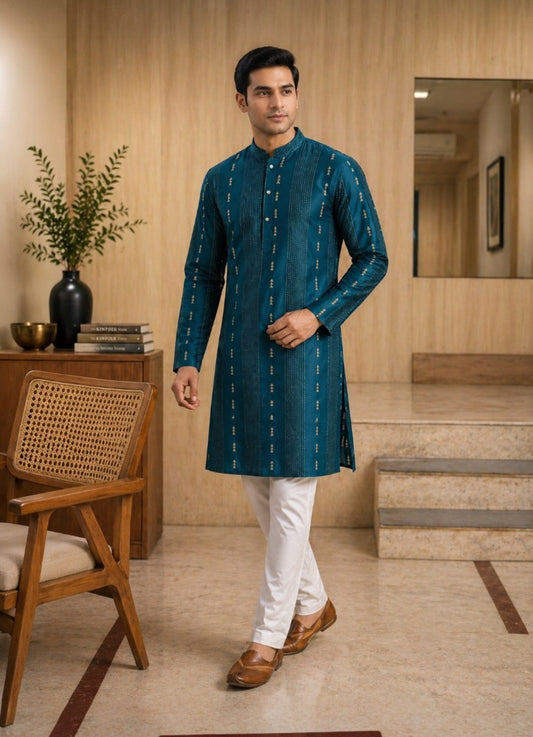 Tattva Men Peacock Blue Embroidered Cotton Silk Kurta with Pyjamas