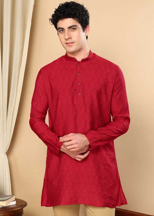 Tattva Maroon Self Design Short Kurta