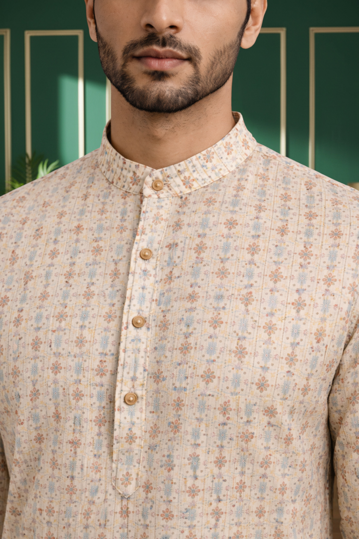Tattva Men Striped Mandarin Collar Cotton Straight Short Kurta
