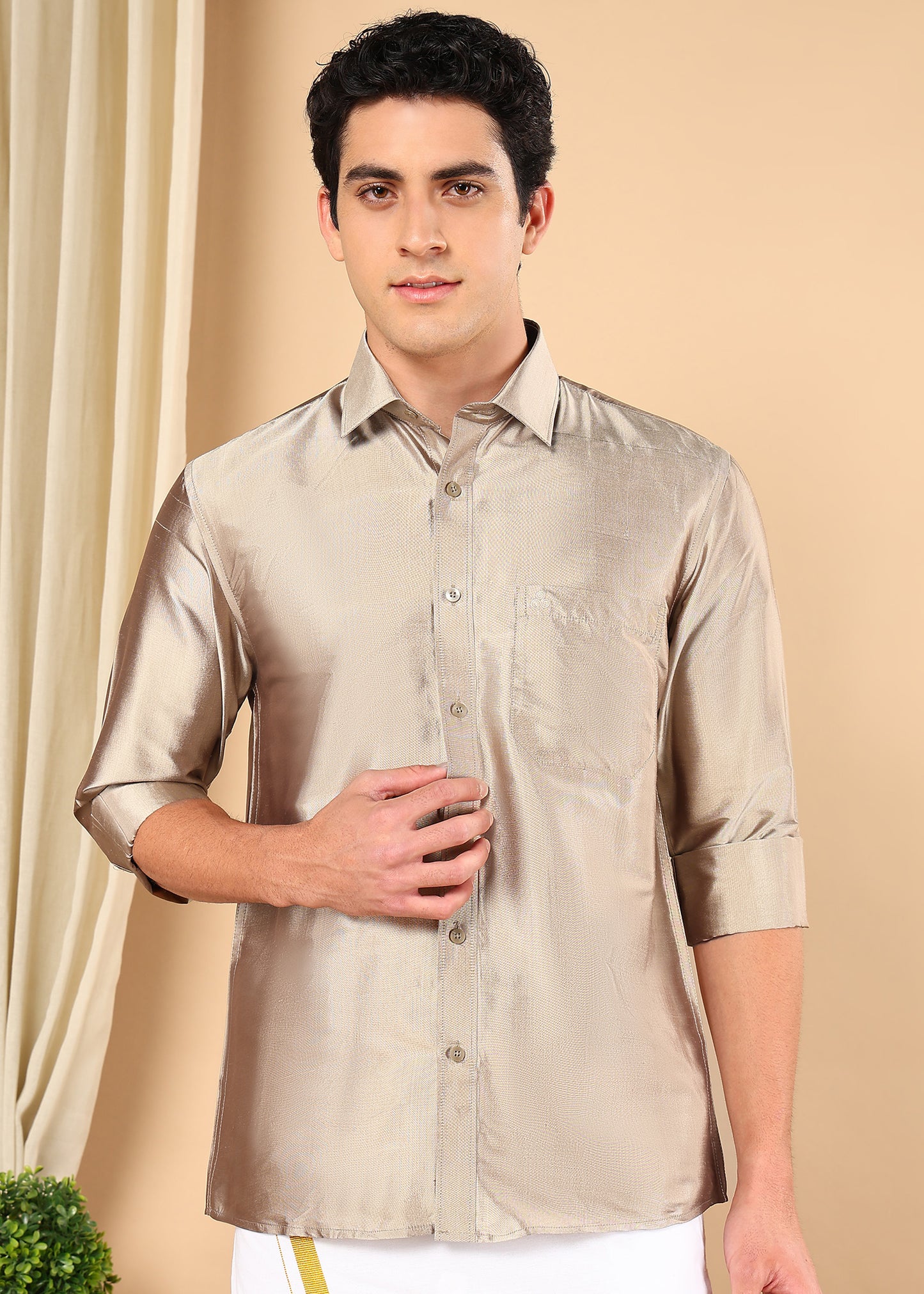 Tattva Men Warm Grey Pure Silk Solid Opaque Shirt