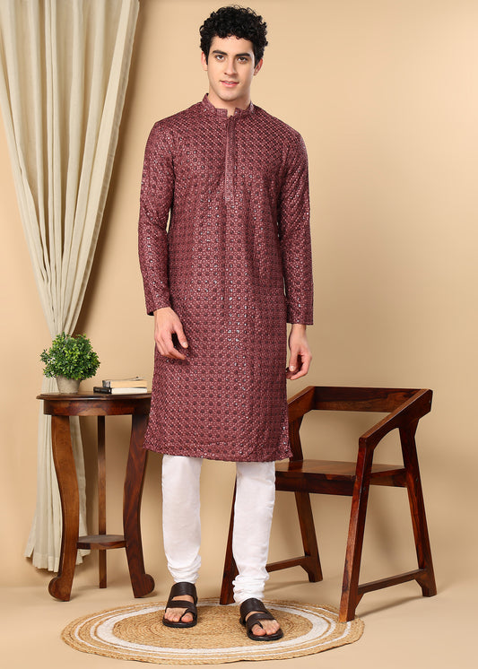 Tattva Floral Embroidered Sequined Mandarin Collar Straight Kurta