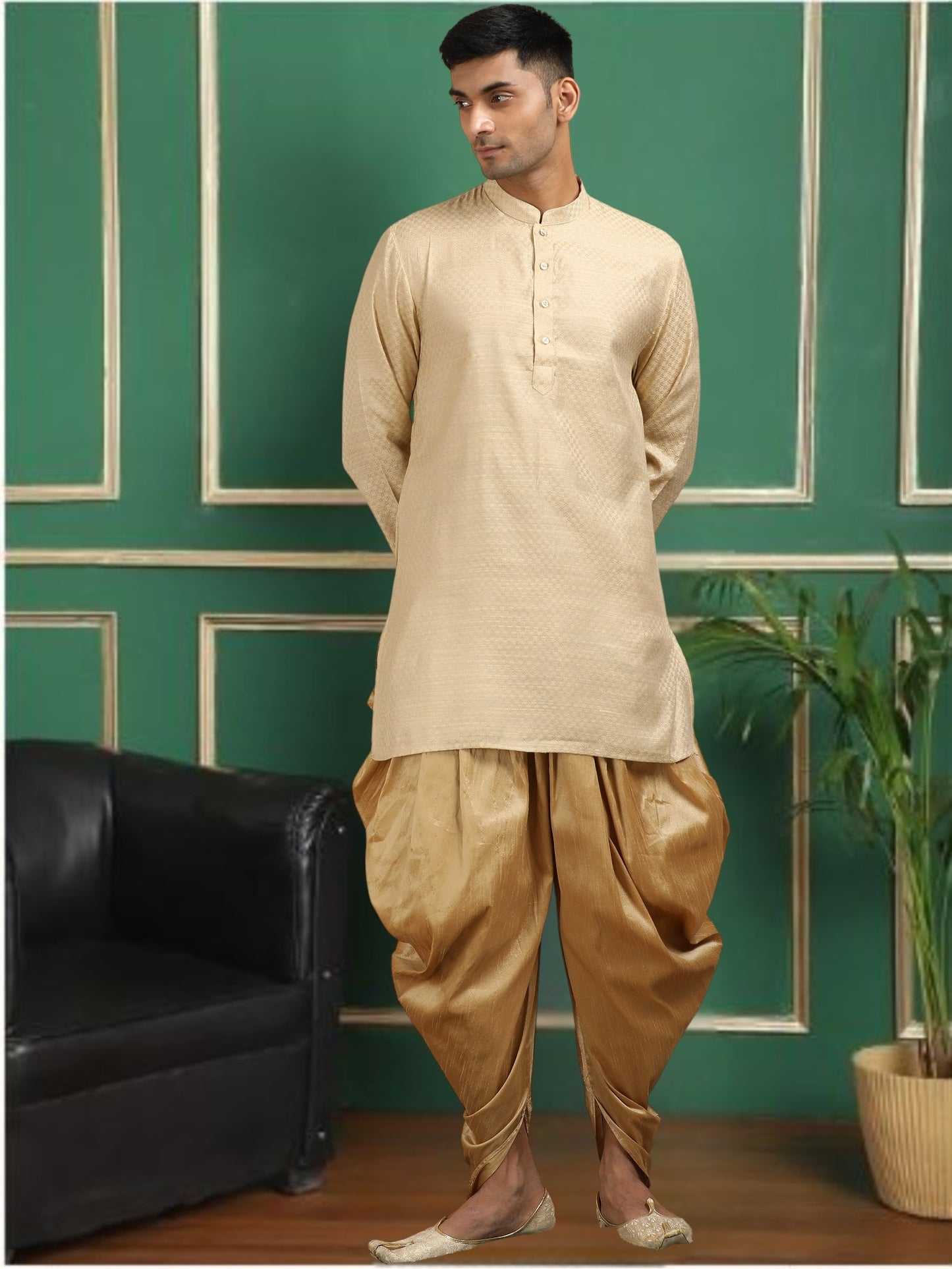 Tattva Beige Toned Jacquard Short Kurta