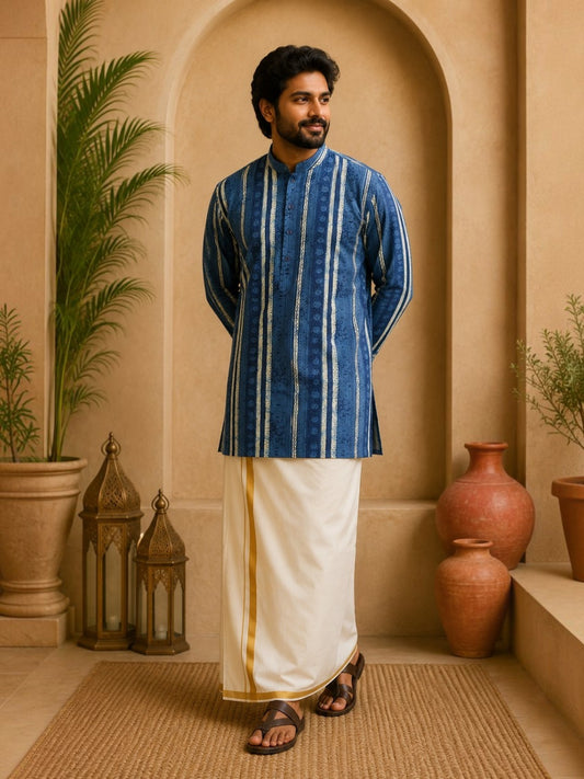 Tattva Men Blue Stripes Printed Super Short Kurta